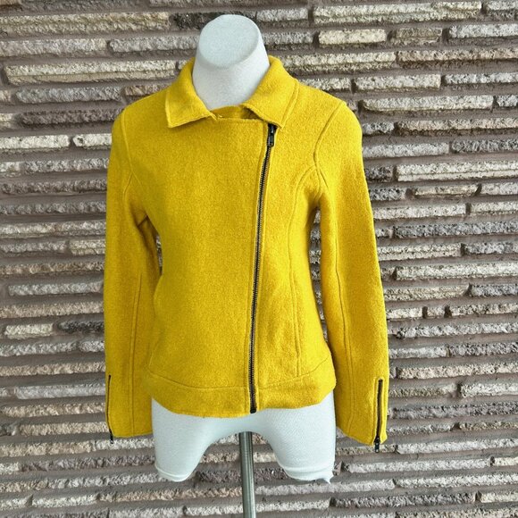 Tahari Wool Blend Boucle Moto Asymmetrical Side Zip Jacket Mustard Gold Size S - Picture 3 of 9